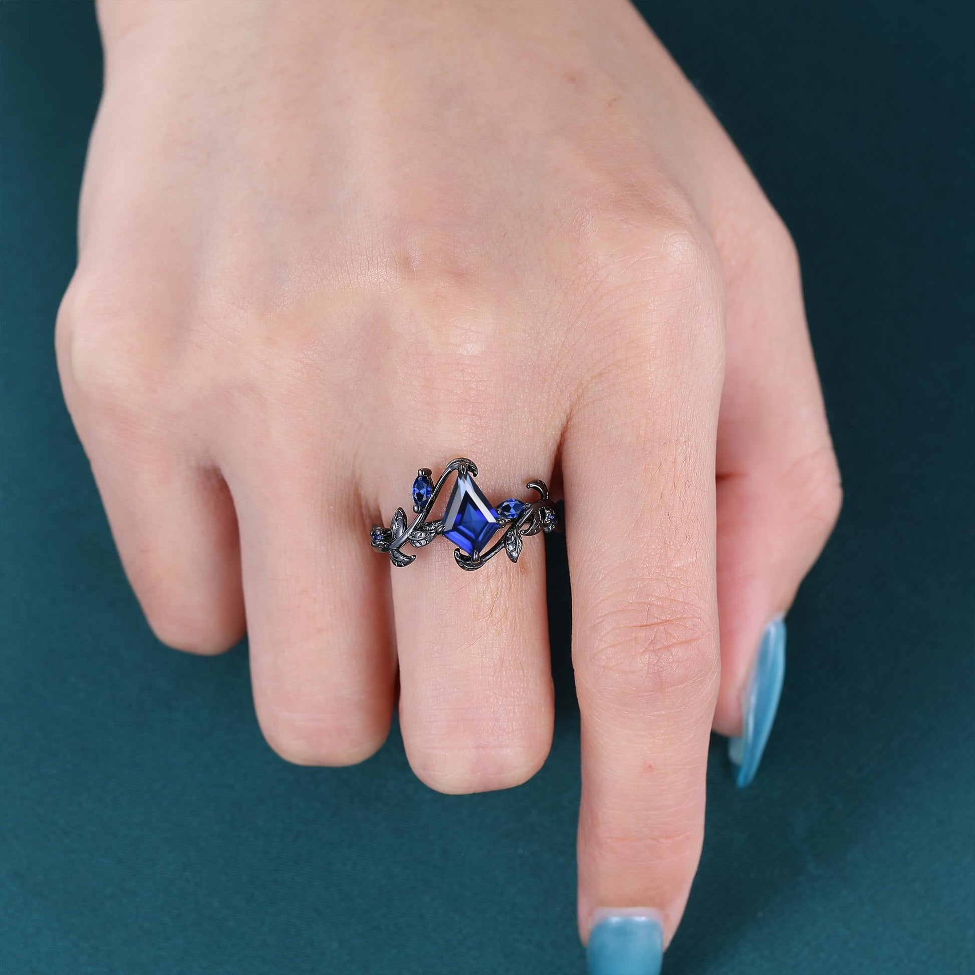 Sapphire Couples Ring Nature Inspired Leaf Sapphire Engagement Ring His and Her Ring Set Tungsten Ring - anerjuly