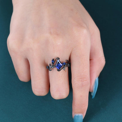 Sapphire Couples Ring Nature Inspired Leaf Sapphire Engagement Ring His and Her Ring Set Tungsten Ring - anerjuly