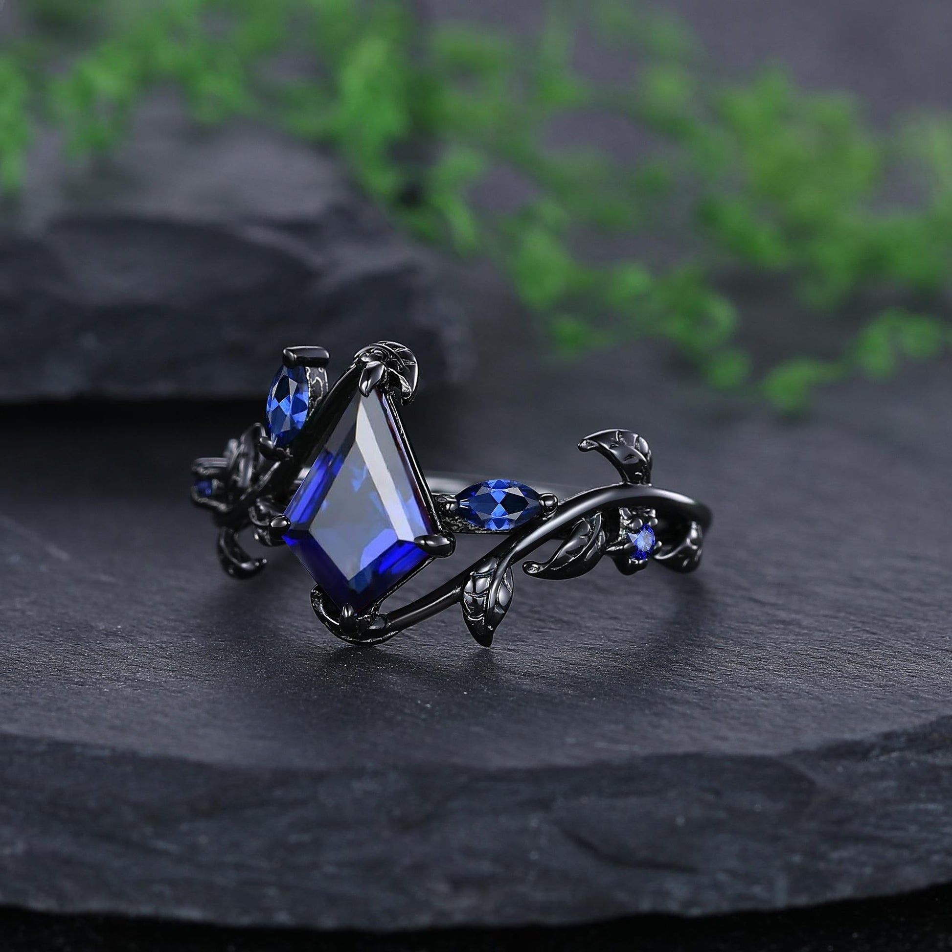 Sapphire Couples Ring Nature Inspired Leaf Sapphire Engagement Ring His and Her Ring Set Tungsten Ring - anerjuly