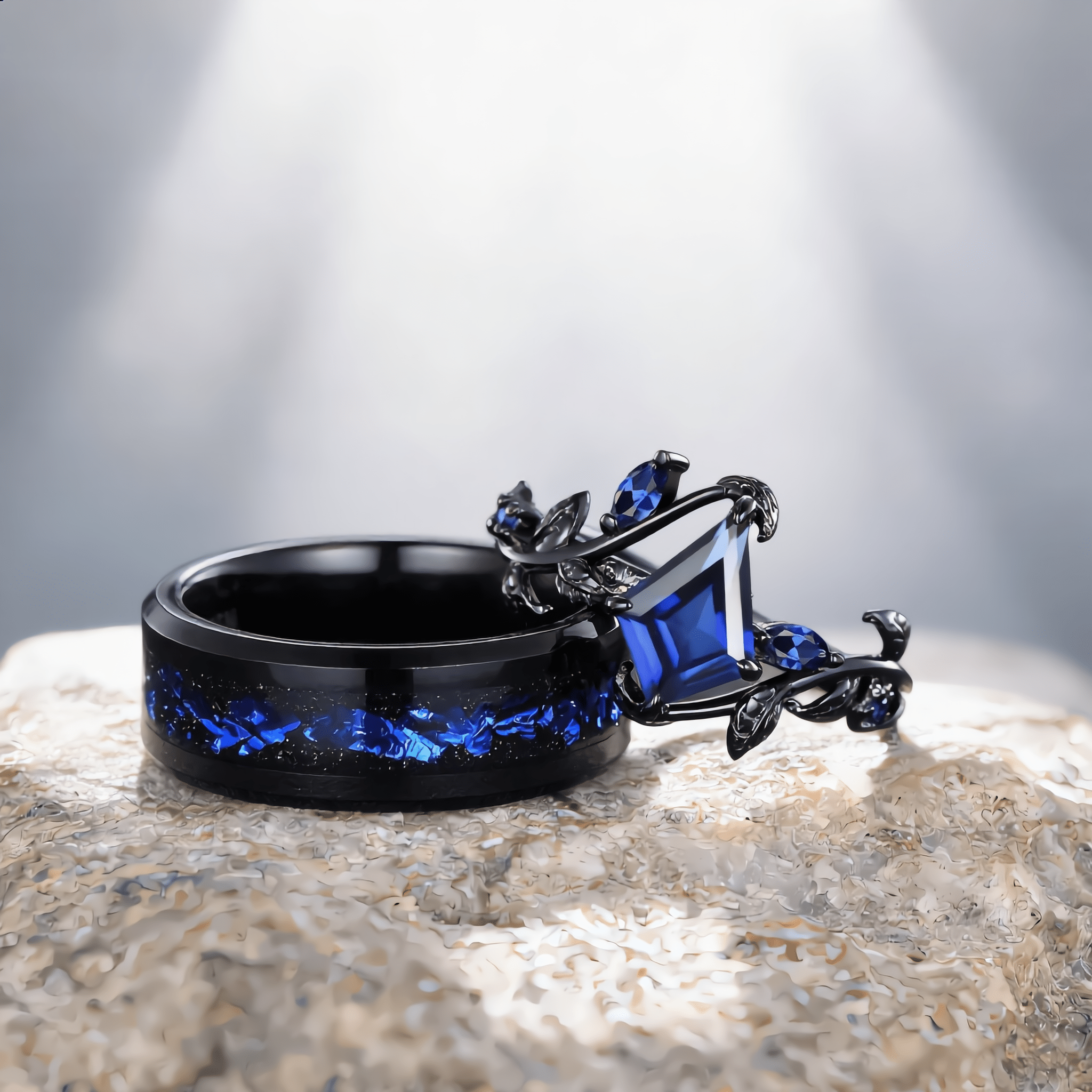 Sapphire Couples Ring Nature Inspired Leaf Sapphire Engagement Ring His and Her Ring Set Tungsten Ring - anerjuly