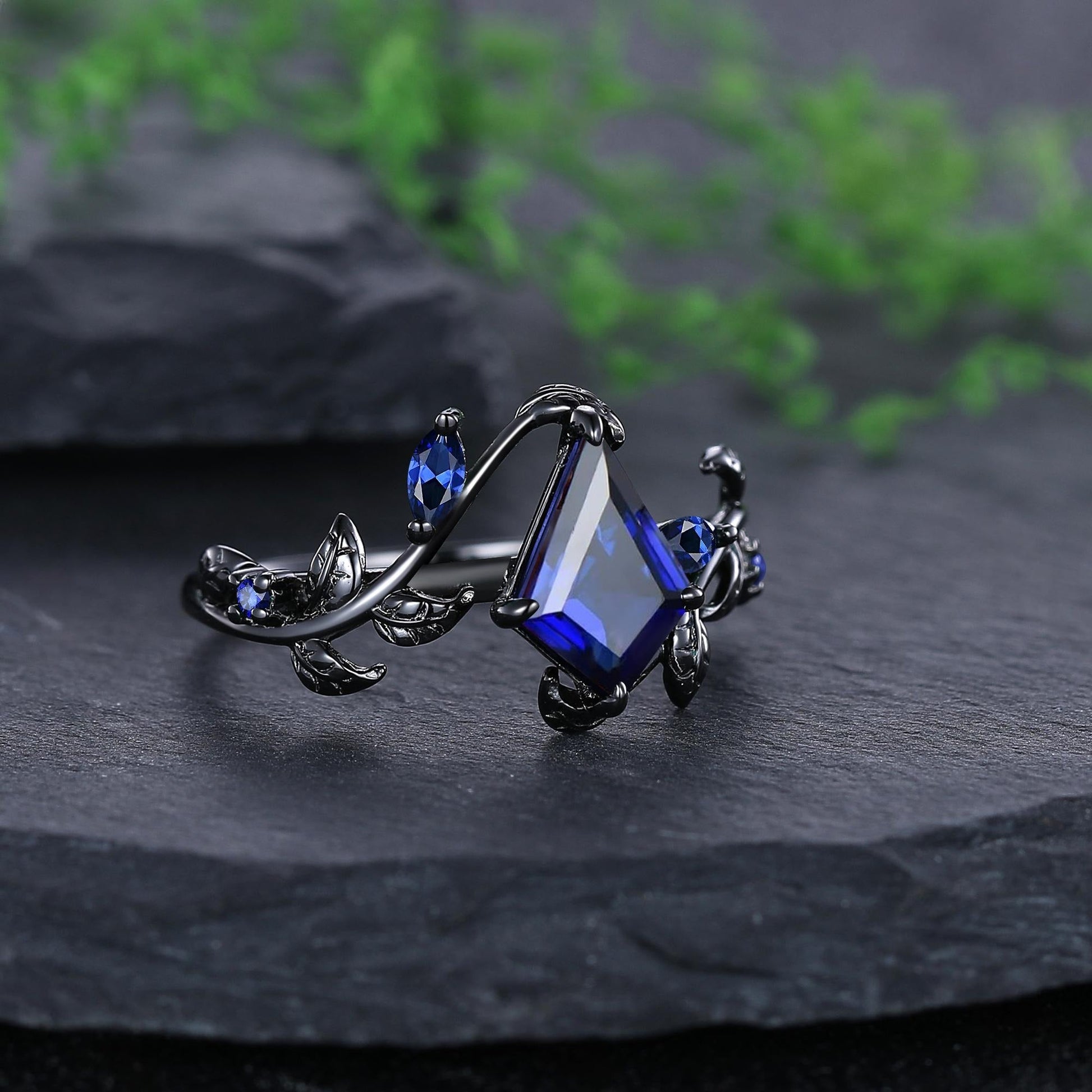 Sapphire Couples Ring Nature Inspired Leaf Sapphire Engagement Ring His and Her Ring Set Tungsten Ring - anerjuly