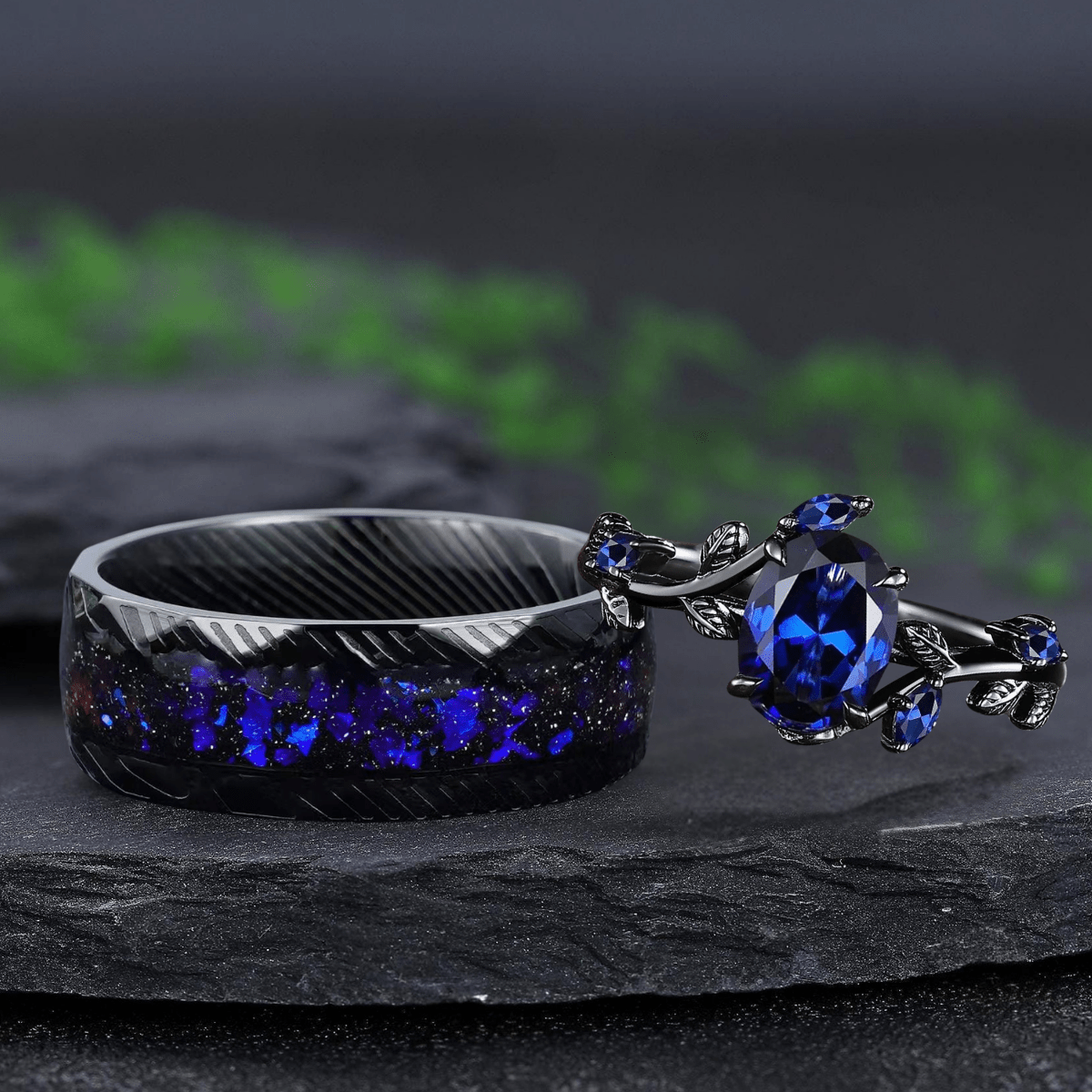 Sapphire couples ring set his her matching wedding band blue sapphire engagement ring unique art deco leaf promise ring - anerjuly