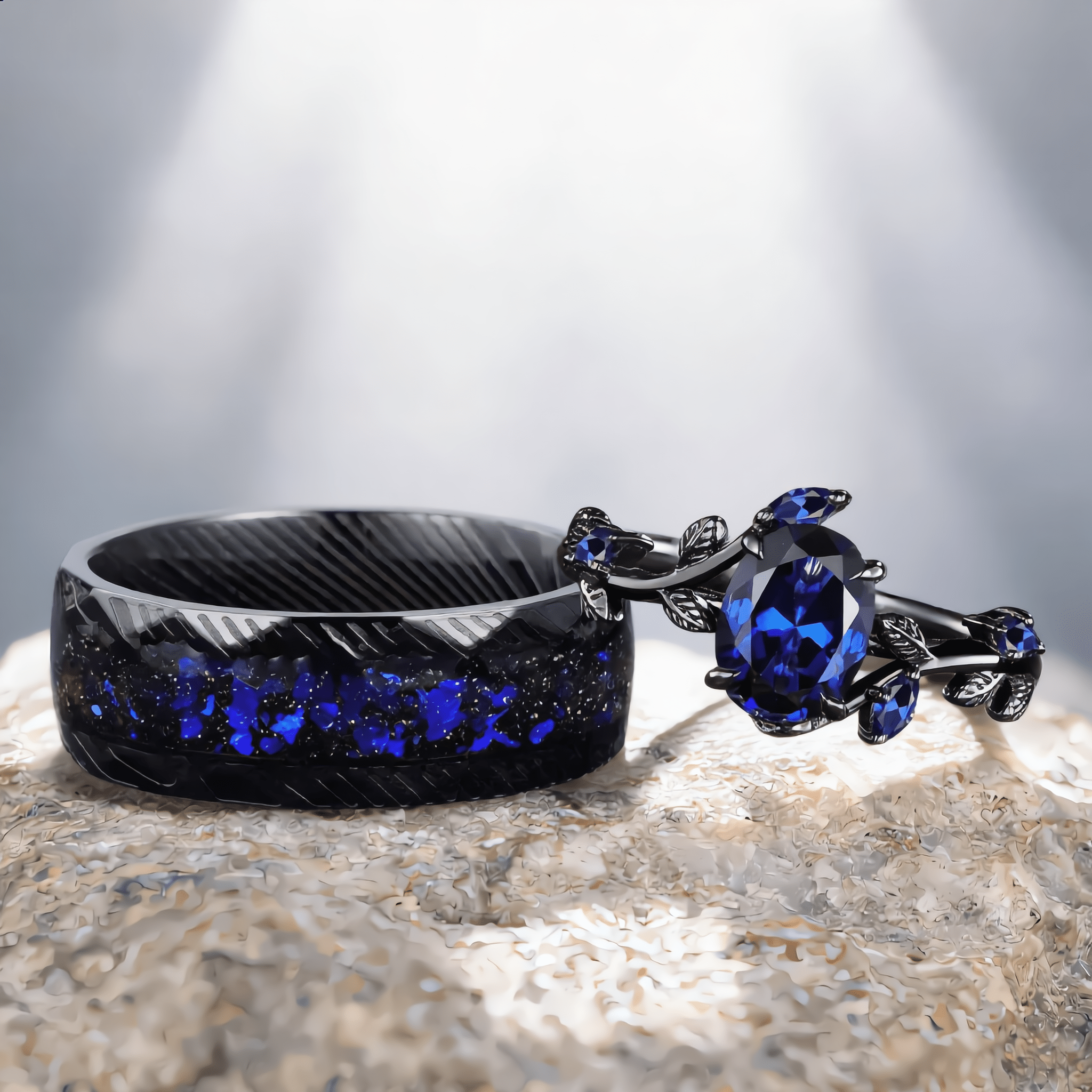 Sapphire couples ring set his her matching wedding band blue sapphire engagement ring unique art deco leaf promise ring - anerjuly