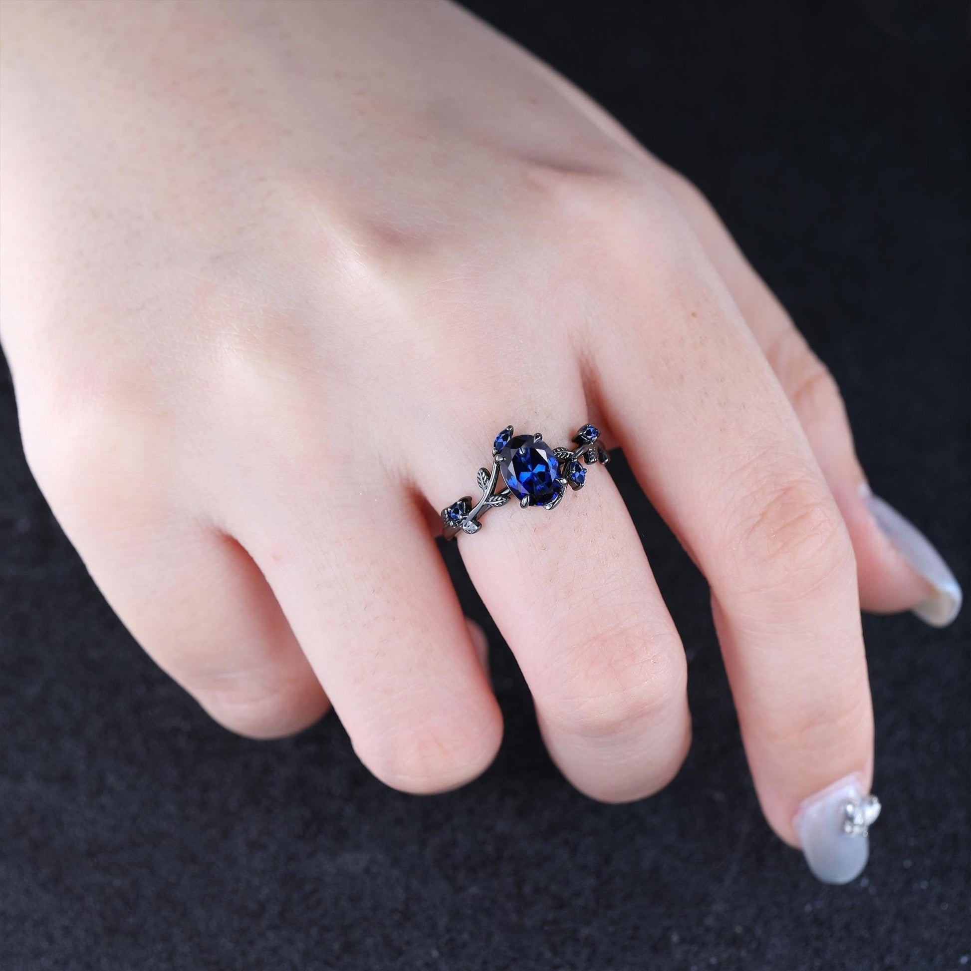 Sapphire couples ring set his&her matching wedding band blue sapphire engagement ring unique women black gold art deco leaf promise ring - anerjuly