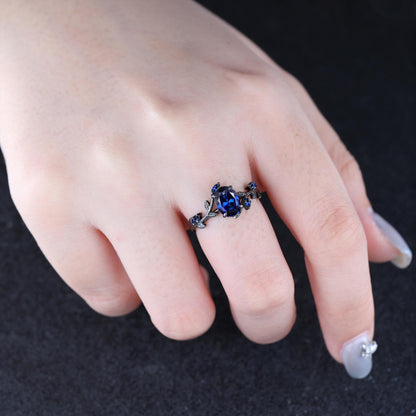 Sapphire couples ring set his&her matching wedding band blue sapphire engagement ring unique women black gold art deco leaf promise ring - anerjuly