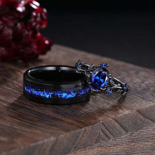 Sapphire couples ring set his&her matching wedding band blue sapphire engagement ring unique women black gold art deco leaf promise ring - anerjuly