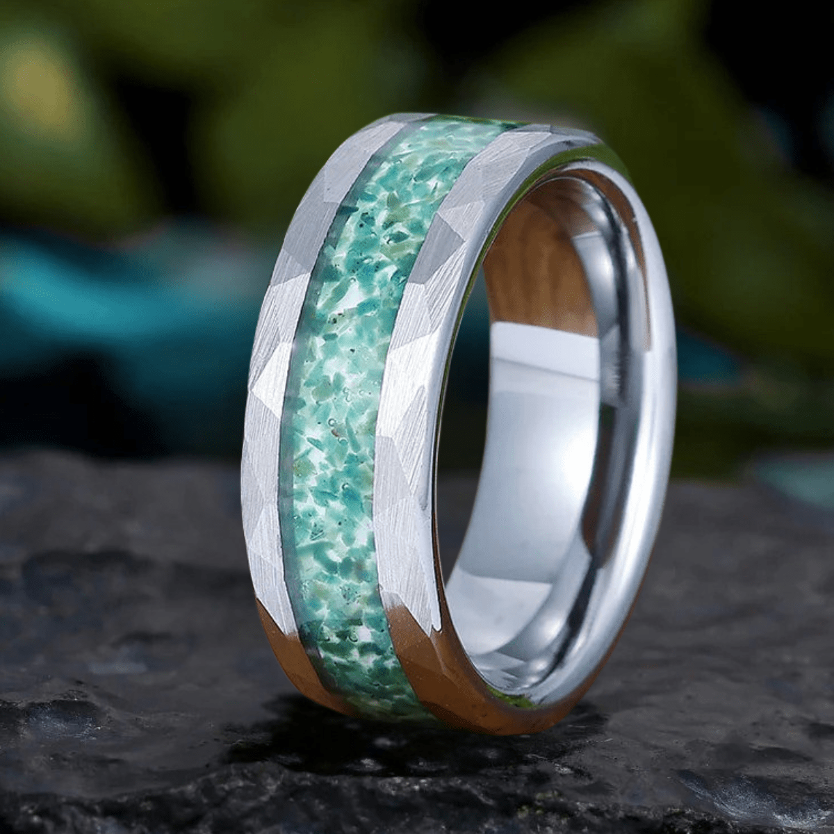 Silver Band Tungsten Unisex Ring Hammered Moss Agate Men' s Ring - anerjuly