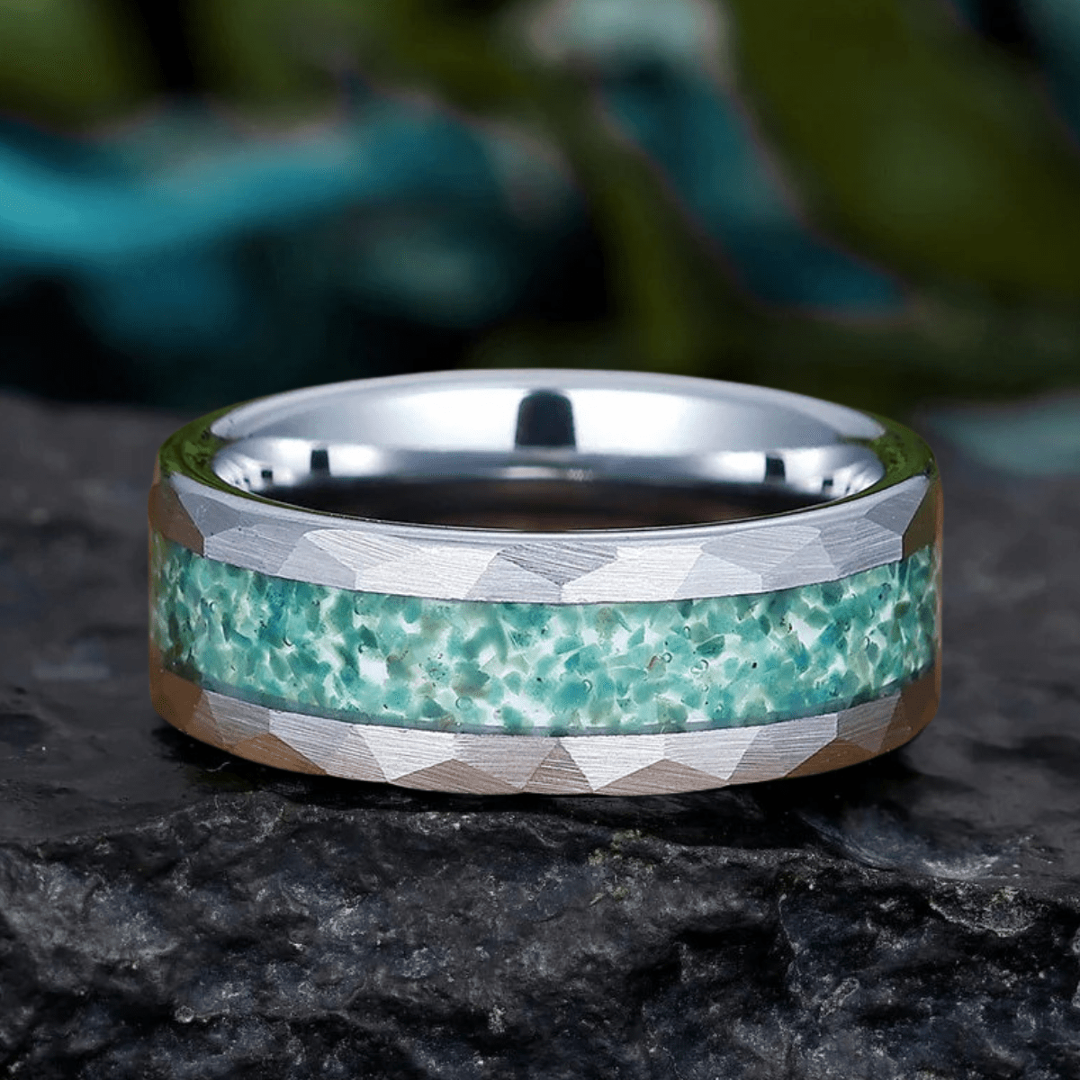 Silver Band Tungsten Unisex Ring Hammered Moss Agate Men' s Ring - anerjuly
