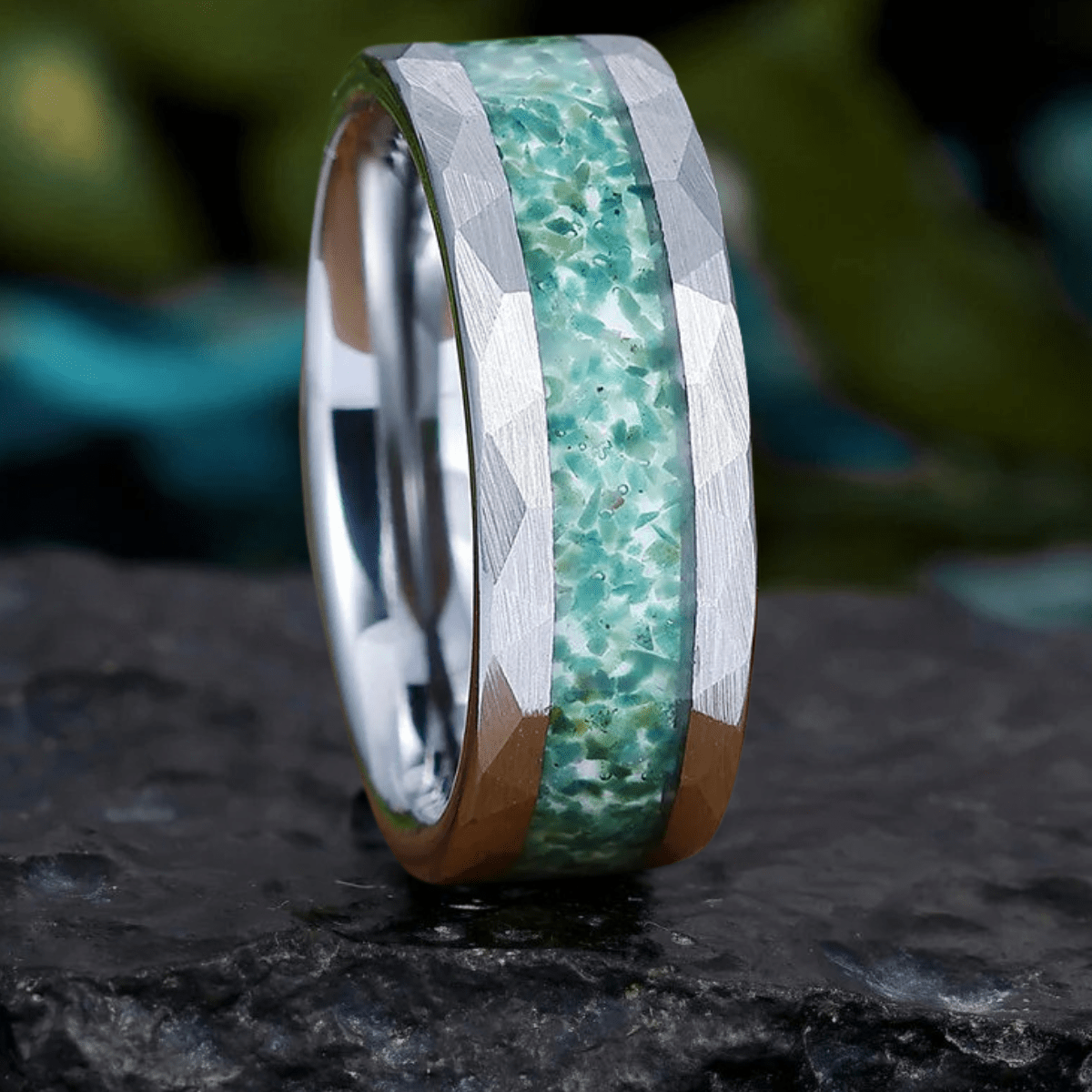 Silver Band Tungsten Unisex Ring Hammered Moss Agate Men' s Ring - anerjuly