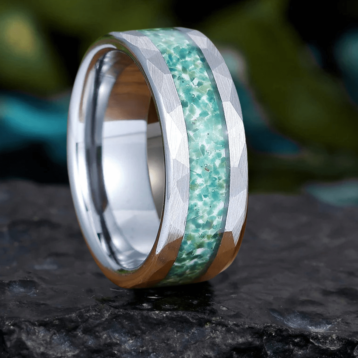 Silver Band Tungsten Unisex Ring Hammered Moss Agate Men' s Ring - anerjuly