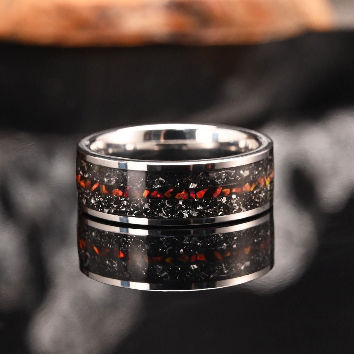Silver Tungsten Ring with Black Meteorite & Red Opal Inlay - anerjuly