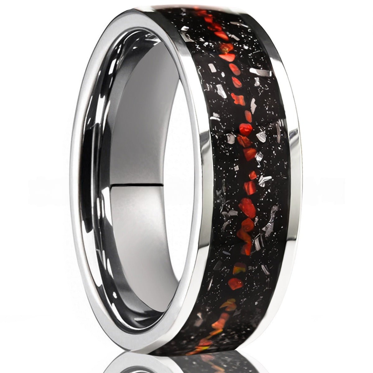 Silver Tungsten Ring with Black Meteorite & Red Opal Inlay - anerjuly