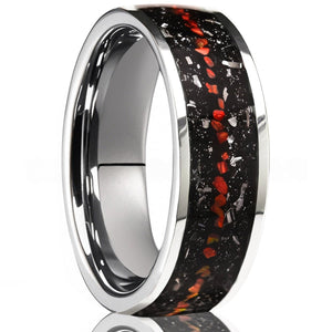 Silver Tungsten Ring with Black Meteorite & Red Opal Inlay - anerjuly