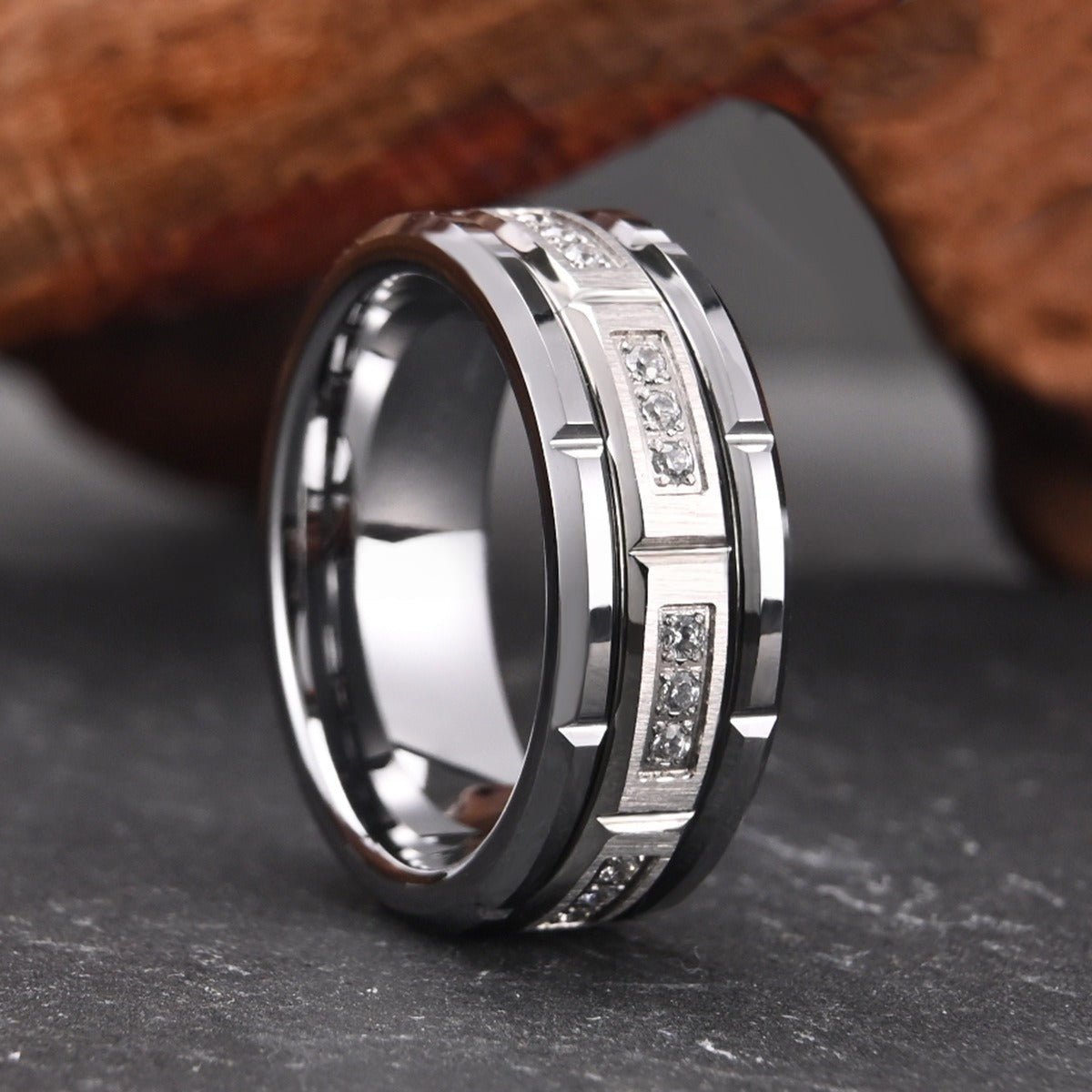 Silver Tungsten Ring with Channel-Set Crystal Accents - anerjuly
