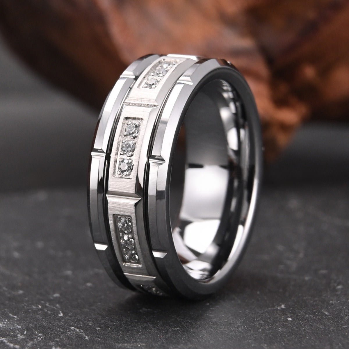 Silver Tungsten Ring with Channel-Set Crystal Accents - anerjuly