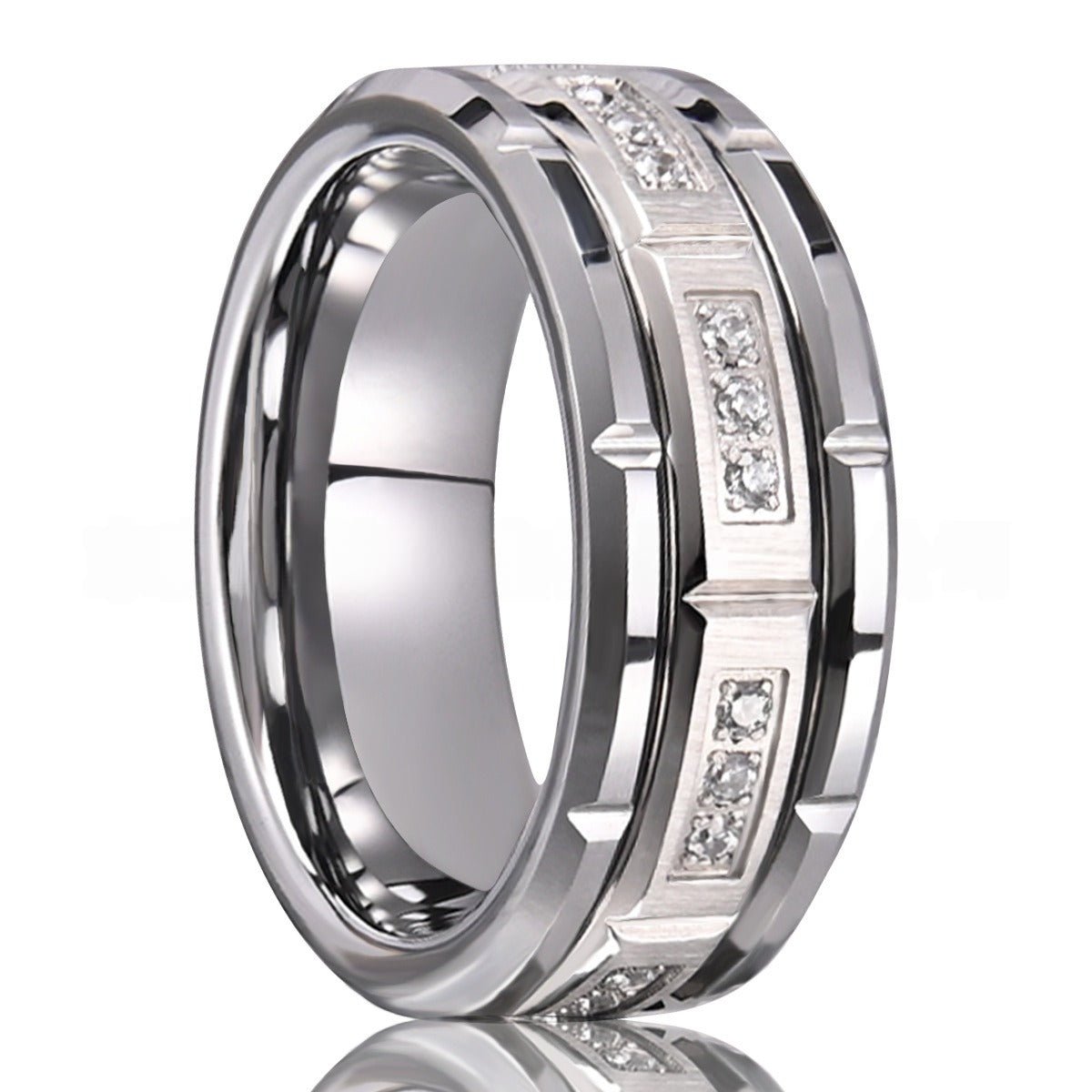 Silver Tungsten Ring with Channel-Set Crystal Accents - anerjuly