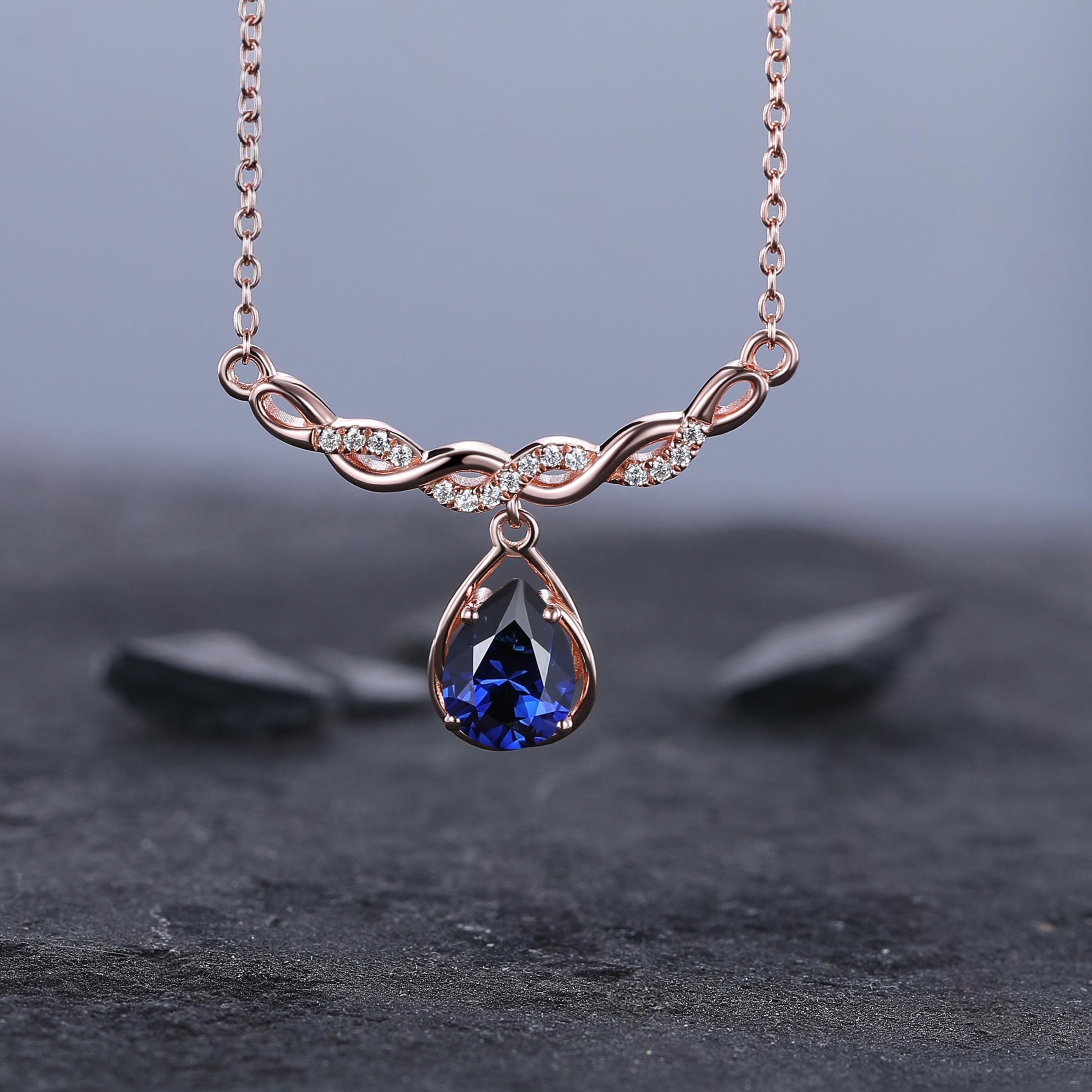 Stacking Sapphire Minimalist Infinity Moissanite Sapphire Birthstone Pendant Rose Gold, Perfect Birthday Gift - anerjuly