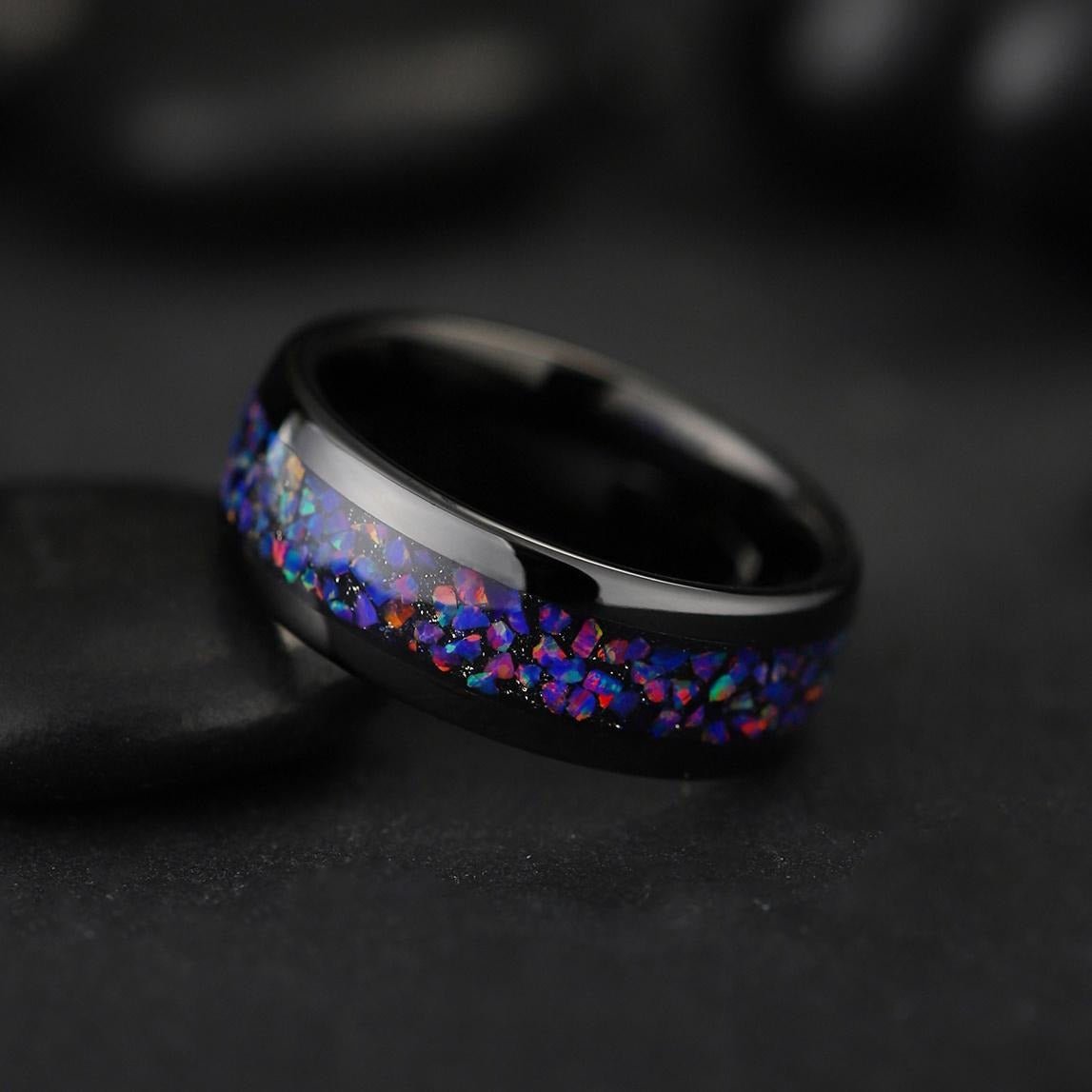 Tungsten Opal Ring with Starry Meteorite Inlay Unisex Wedding Band - anerjuly