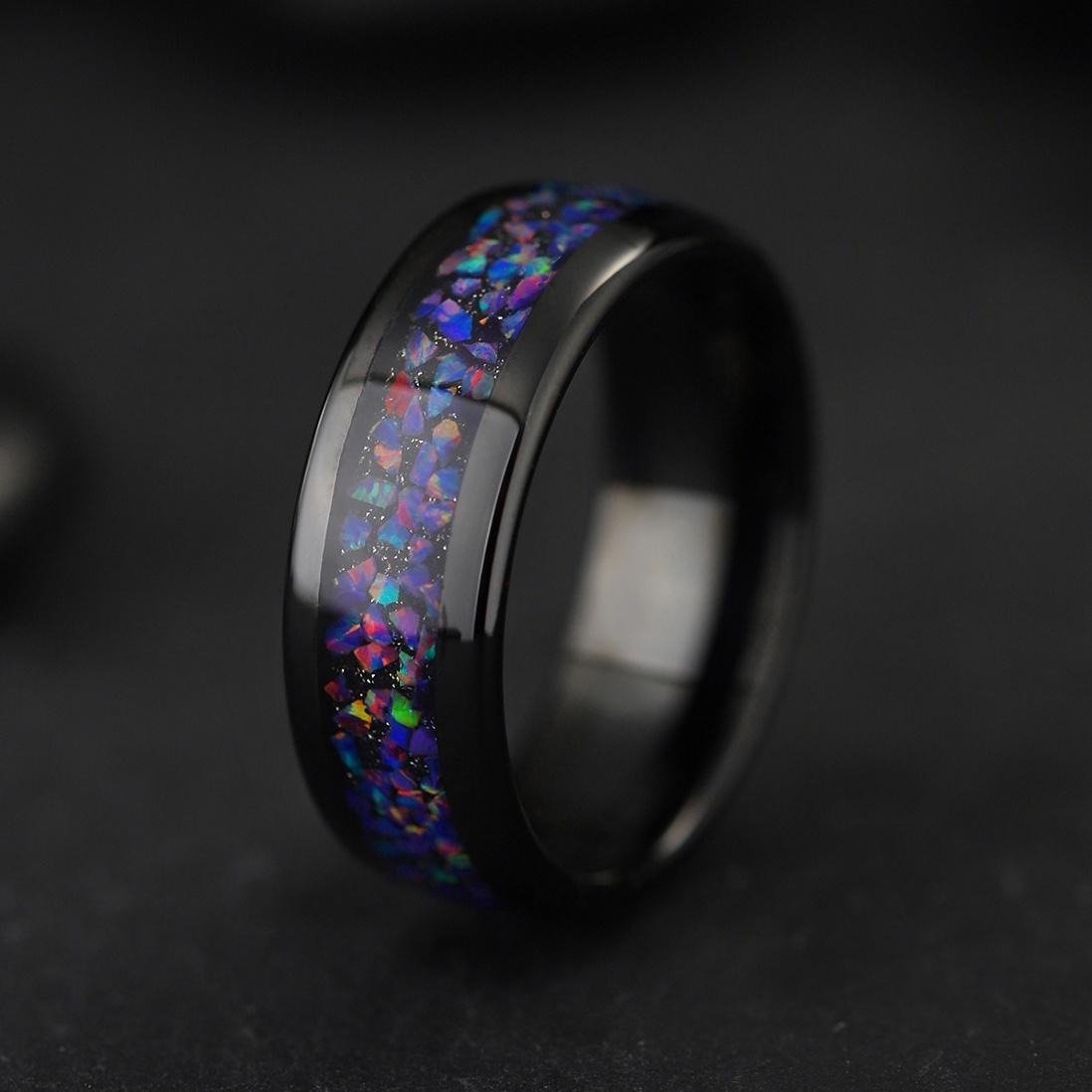 Tungsten Opal Ring with Starry Meteorite Inlay Unisex Wedding Band - anerjuly