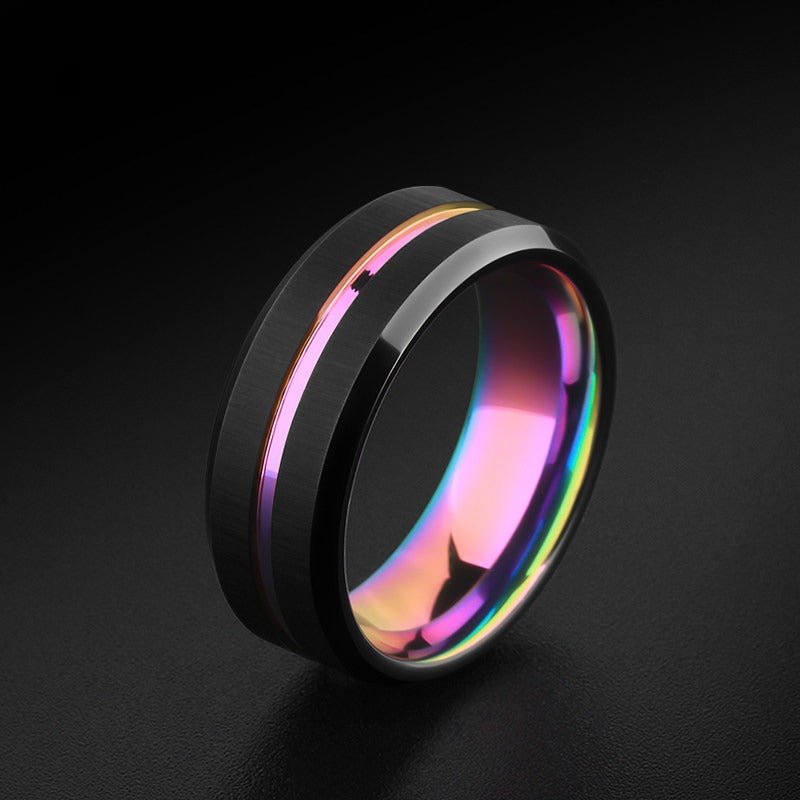 Tungsten Ring Iridescent Rainbow Holographic Hip Hop Statement Band - anerjuly