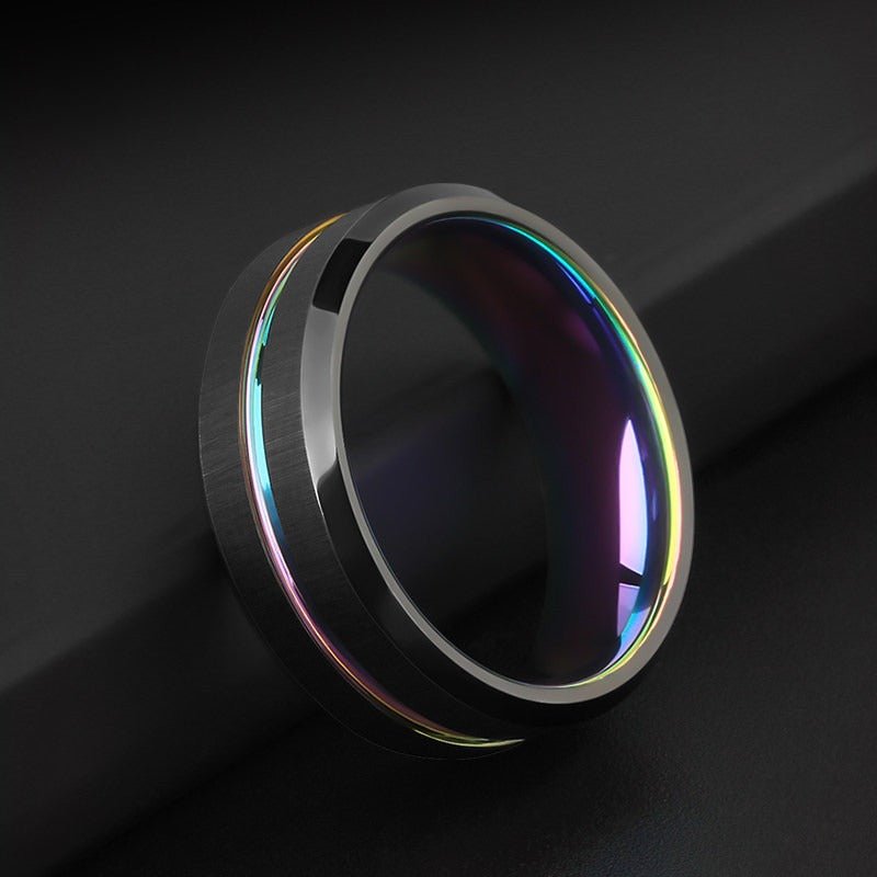 Tungsten Ring Iridescent Rainbow Holographic Hip Hop Statement Band - anerjuly