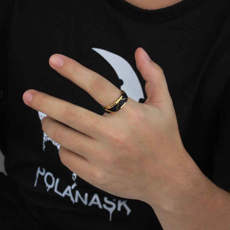 Tungsten Ring Men’s Black Gold Bold Wide Band Statement Ring - anerjuly