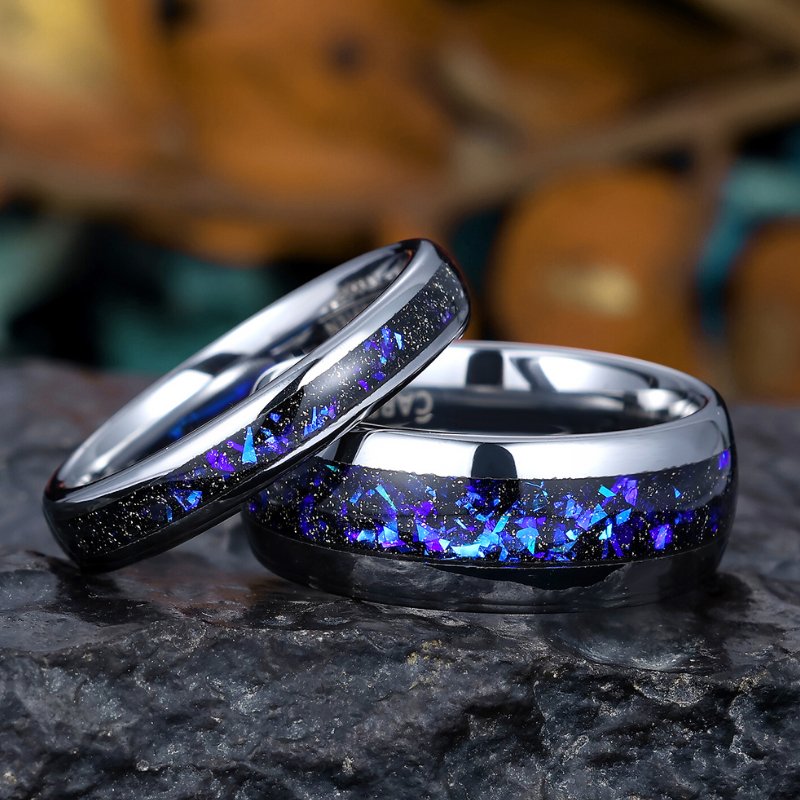 Tungsten Wedding Band Set with Crushed Galaxy Sandstone Matching His and Hers Promise Rings for Couples - anerjuly