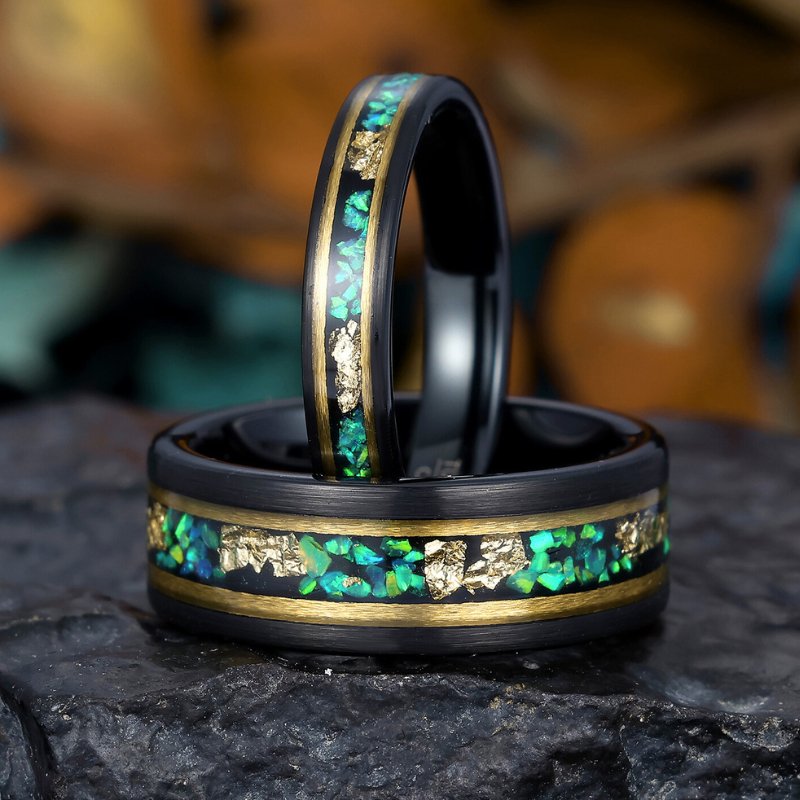 Tungsten Wedding Band with Blue - Green Opal and Gold Foil Emerald Green Fire Opal Couples Ring Set - anerjuly