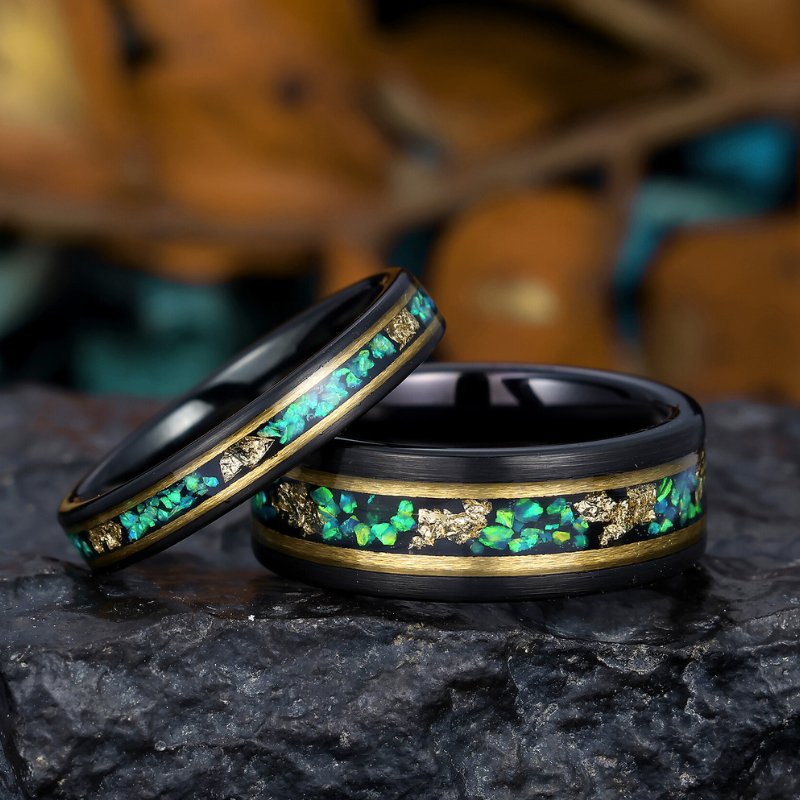 Tungsten Wedding Band with Blue - Green Opal and Gold Foil Emerald Green Fire Opal Couples Ring Set - anerjuly