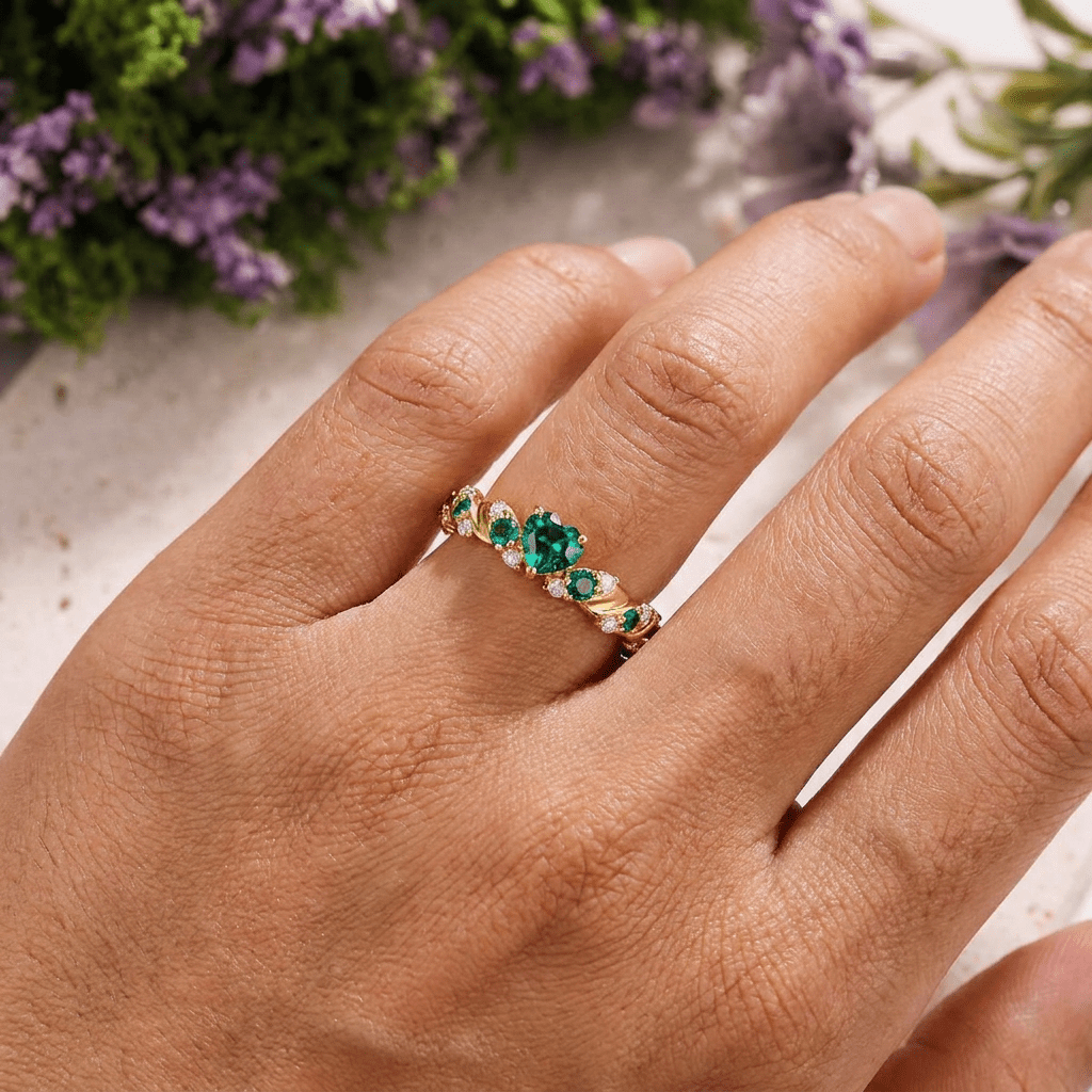 Twisted Vine Heart Green Emerald Promise Ring - anerjuly