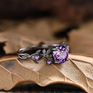 Unique Amethyst Round Shape Engagement Ring Set Vintage Promise Ring - anerjuly