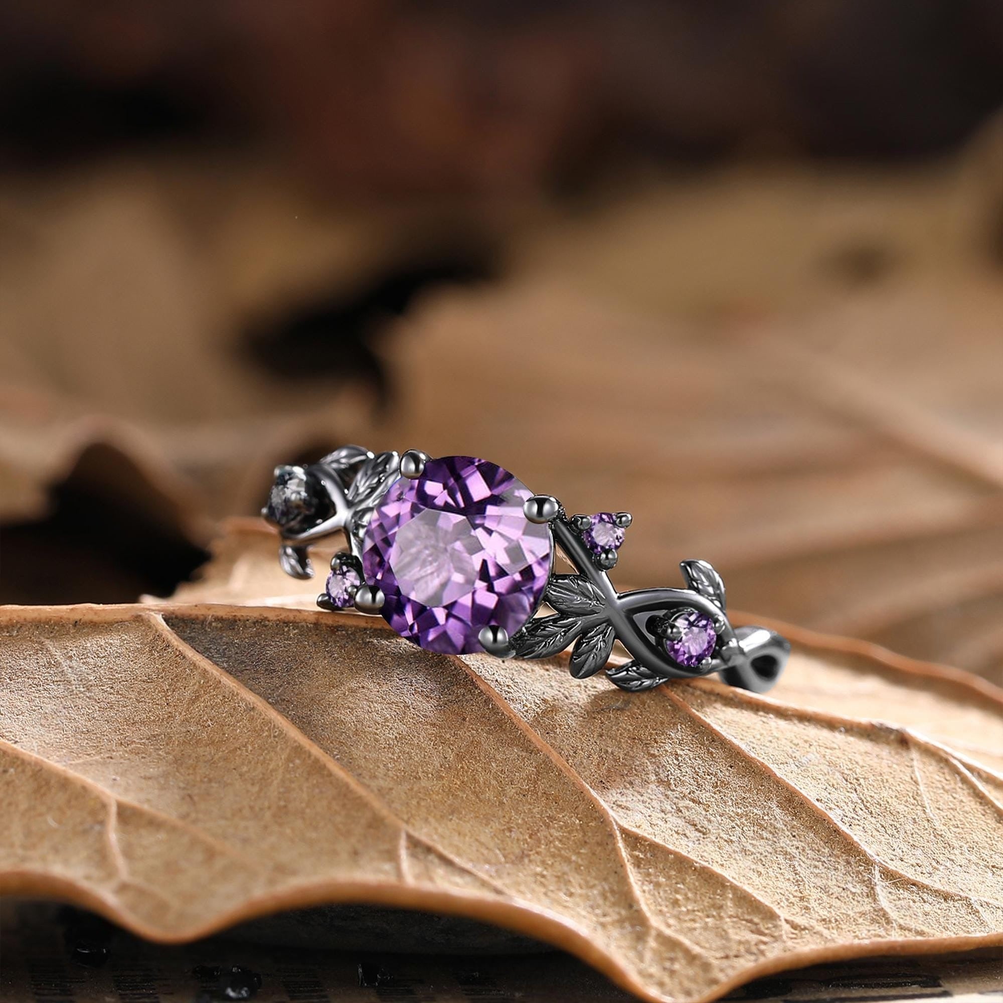 Unique Amethyst Round Shape Engagement Ring Set Vintage Promise Ring - anerjuly