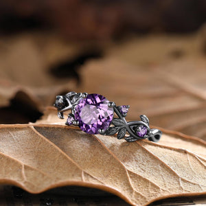 Unique Amethyst Round Shape Engagement Ring Set Vintage Promise Ring - anerjuly
