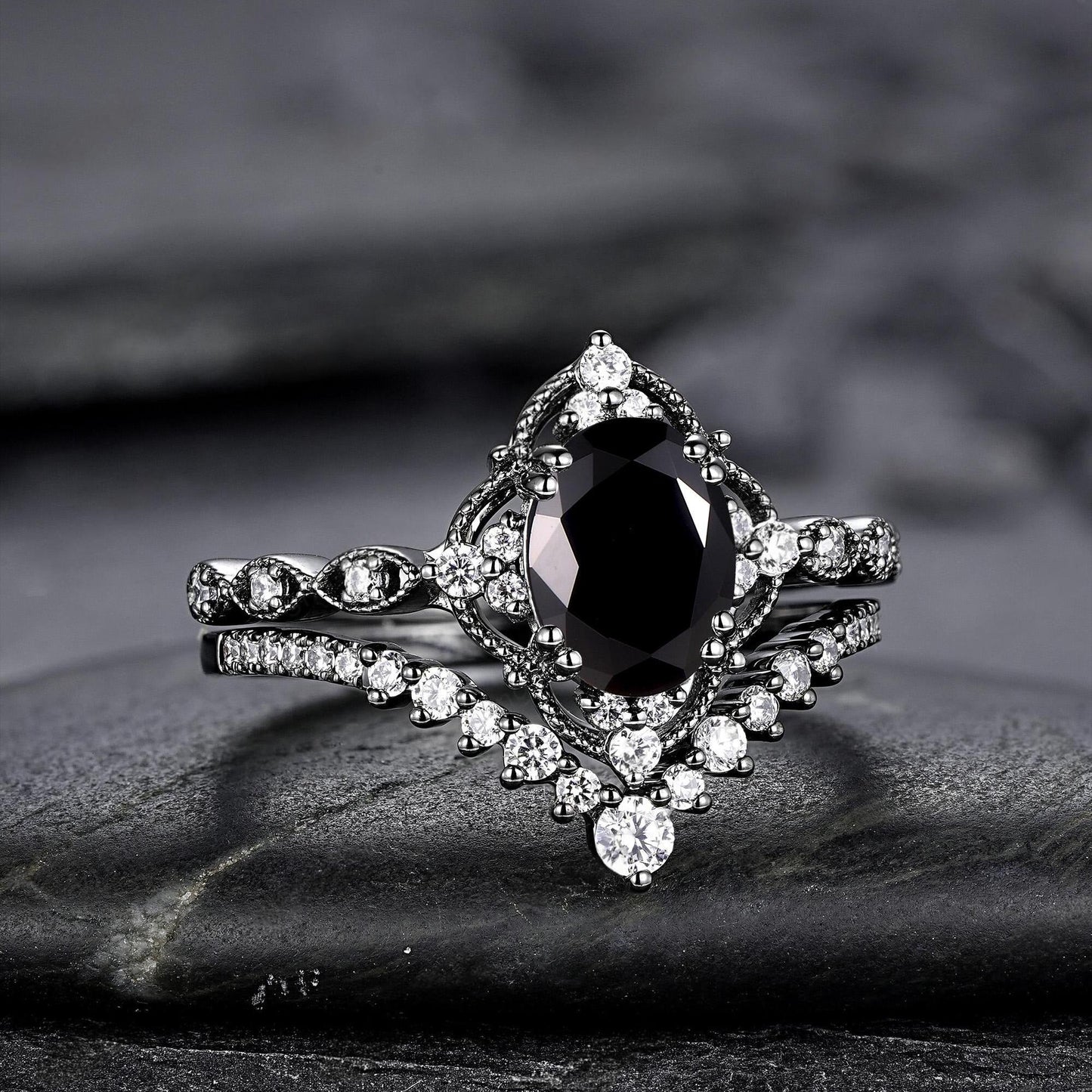 Unique Black Gold Oval Shape Black Moissanite Engagement Ring Set, Witchy Black Floral Promise Ring Gothic Black Wedding Ring Gift for Women - anerjuly