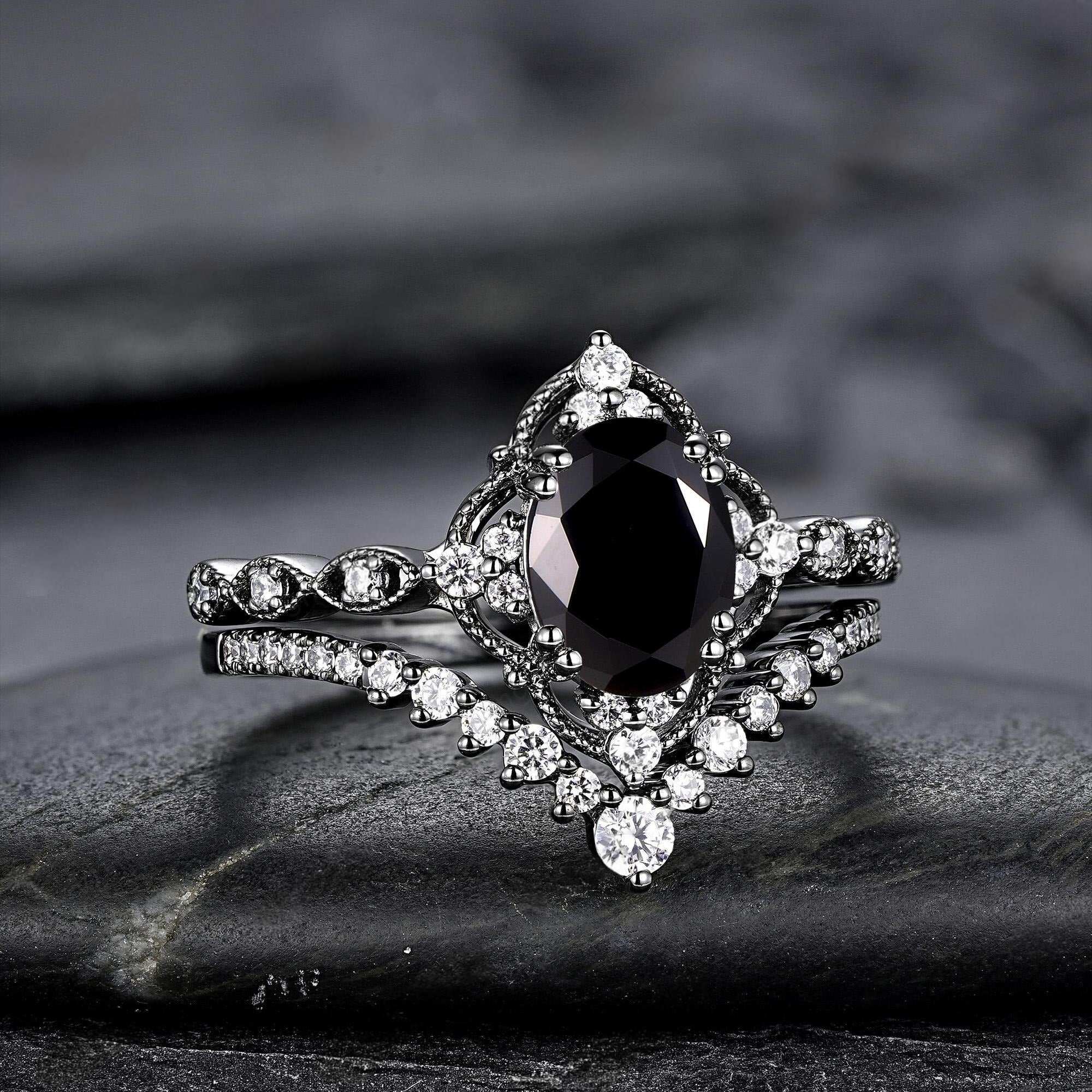Unique Black Gold Oval Shape Black Moissanite Engagement Ring Set, Witchy Black Floral Promise Ring Gothic Black Wedding Ring Gift for Women - anerjuly