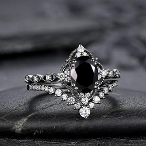 Unique Black Gold Oval Shape Black Moissanite Engagement Ring Set, Witchy Black Floral Promise Ring Gothic Black Wedding Ring Gift for Women - anerjuly