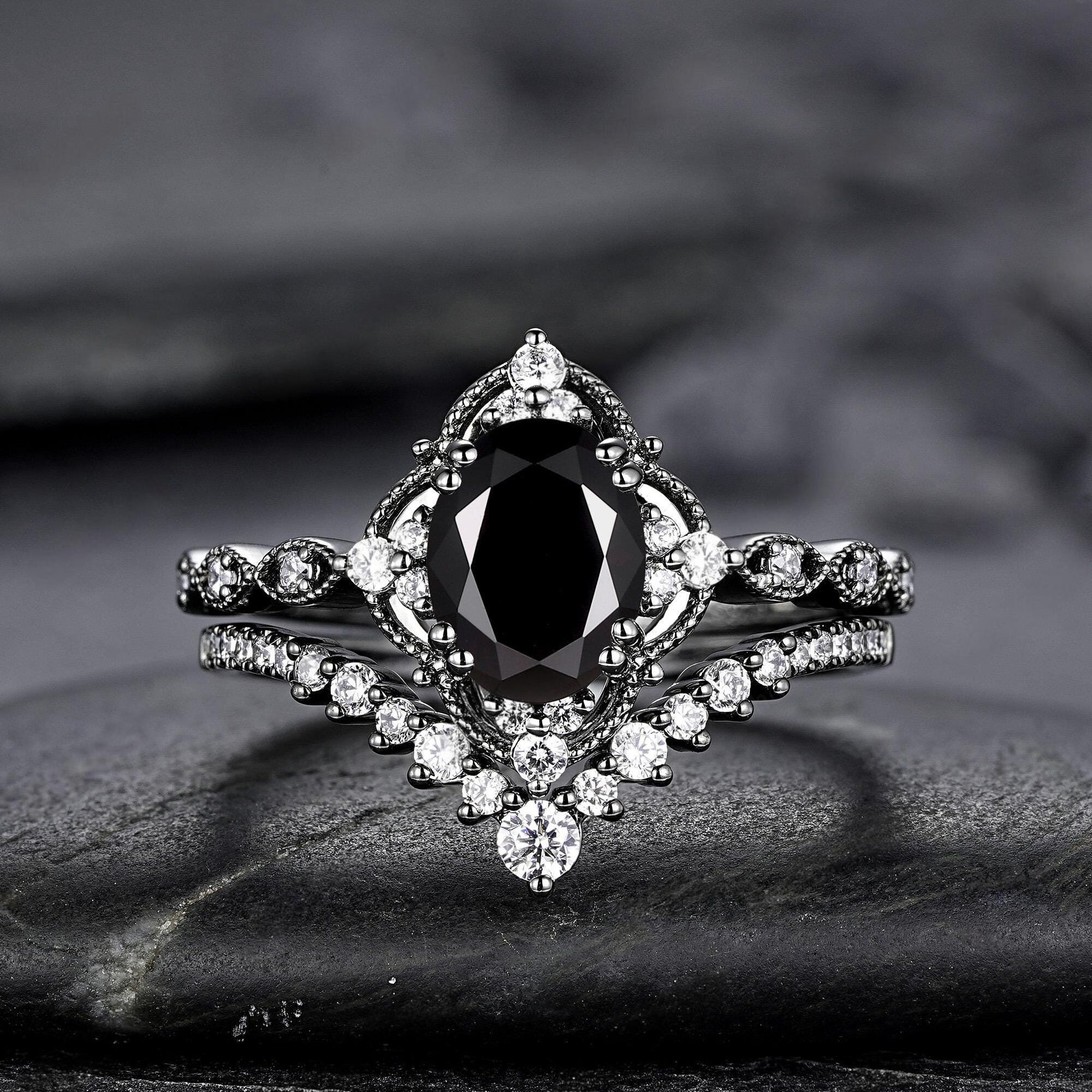 Unique Black Gold Oval Shape Black Moissanite Engagement Ring Set, Witchy Black Floral Promise Ring Gothic Black Wedding Ring Gift for Women - anerjuly