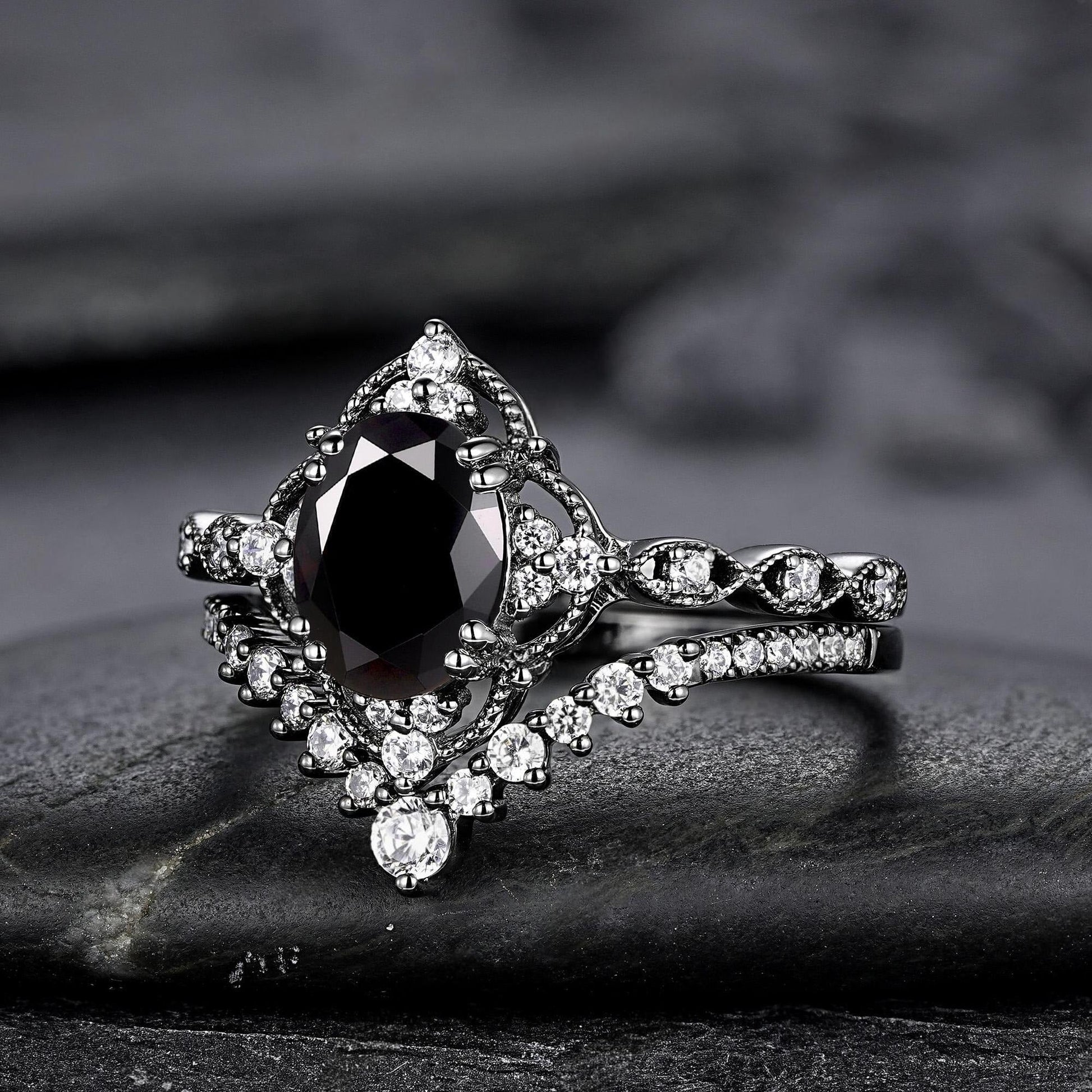 Unique Black Gold Oval Shape Black Moissanite Engagement Ring Set, Witchy Black Floral Promise Ring Gothic Black Wedding Ring Gift for Women - anerjuly