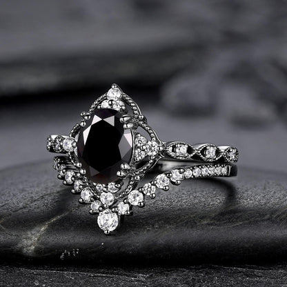 Unique Black Gold Oval Shape Black Moissanite Engagement Ring Set, Witchy Black Floral Promise Ring Gothic Black Wedding Ring Gift for Women - anerjuly