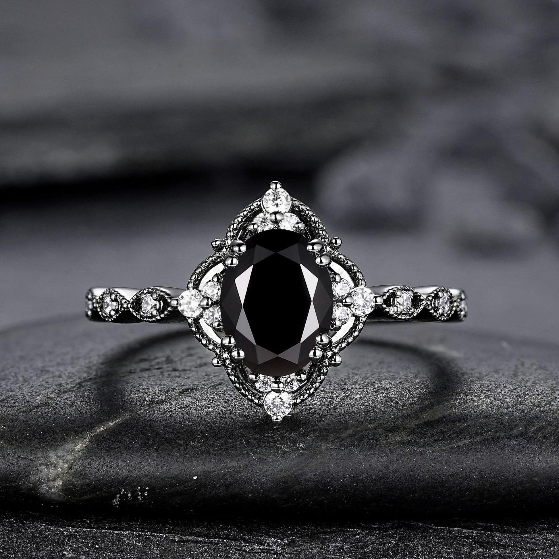 Unique Black Gold Oval Shape Black Moissanite Engagement Ring Set, Witchy Black Floral Promise Ring Gothic Black Wedding Ring Gift for Women - anerjuly