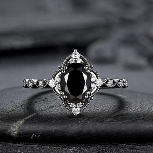 Unique Black Gold Oval Shape Black Moissanite Engagement Ring Set, Witchy Black Floral Promise Ring Gothic Black Wedding Ring Gift for Women - anerjuly