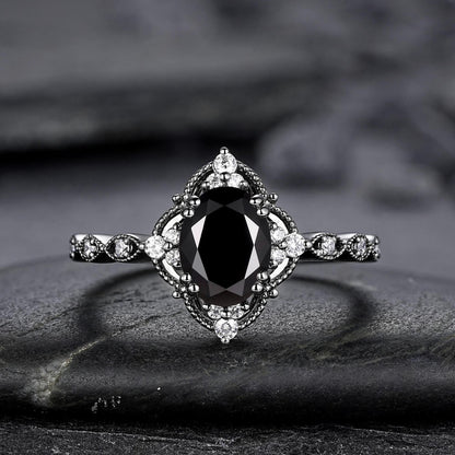 Unique Black Gold Oval Shape Black Moissanite Engagement Ring Set, Witchy Black Floral Promise Ring Gothic Black Wedding Ring Gift for Women - anerjuly