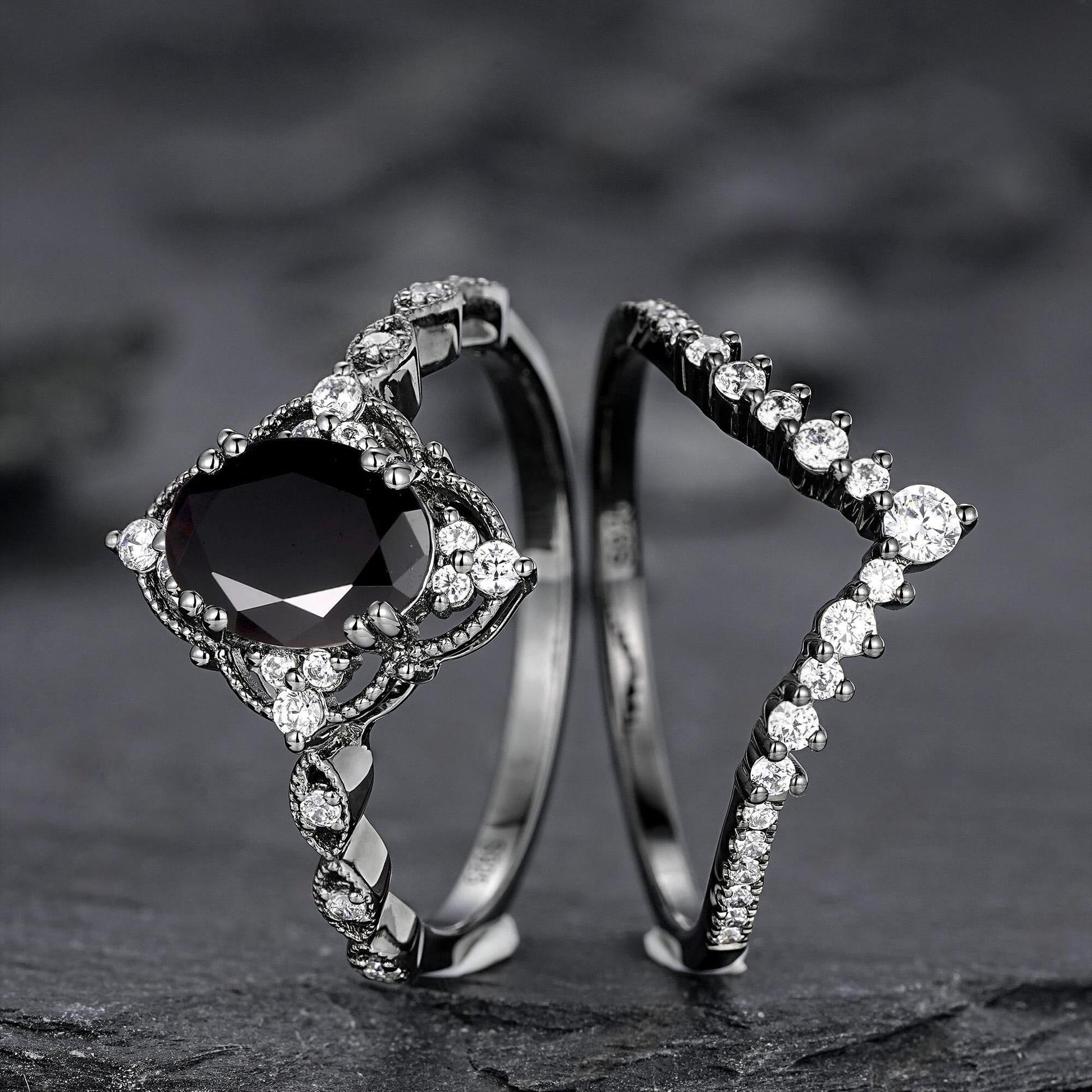 Unique Black Gold Oval Shape Black Moissanite Engagement Ring Set, Witchy Black Floral Promise Ring Gothic Black Wedding Ring Gift for Women - anerjuly