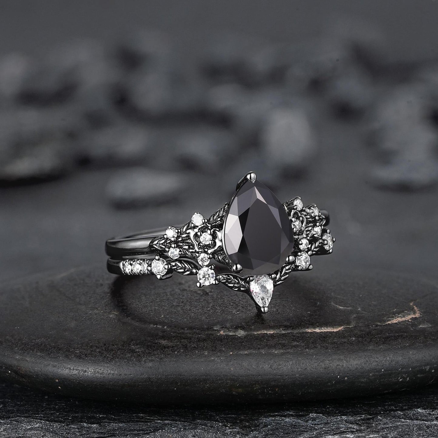 Unique Black Gold Pear Shape Black Onyx Floral Engagement Ring, Witchy Leaf Promise Ring, Gothic Black Wedding Ring Gift for Women - anerjuly