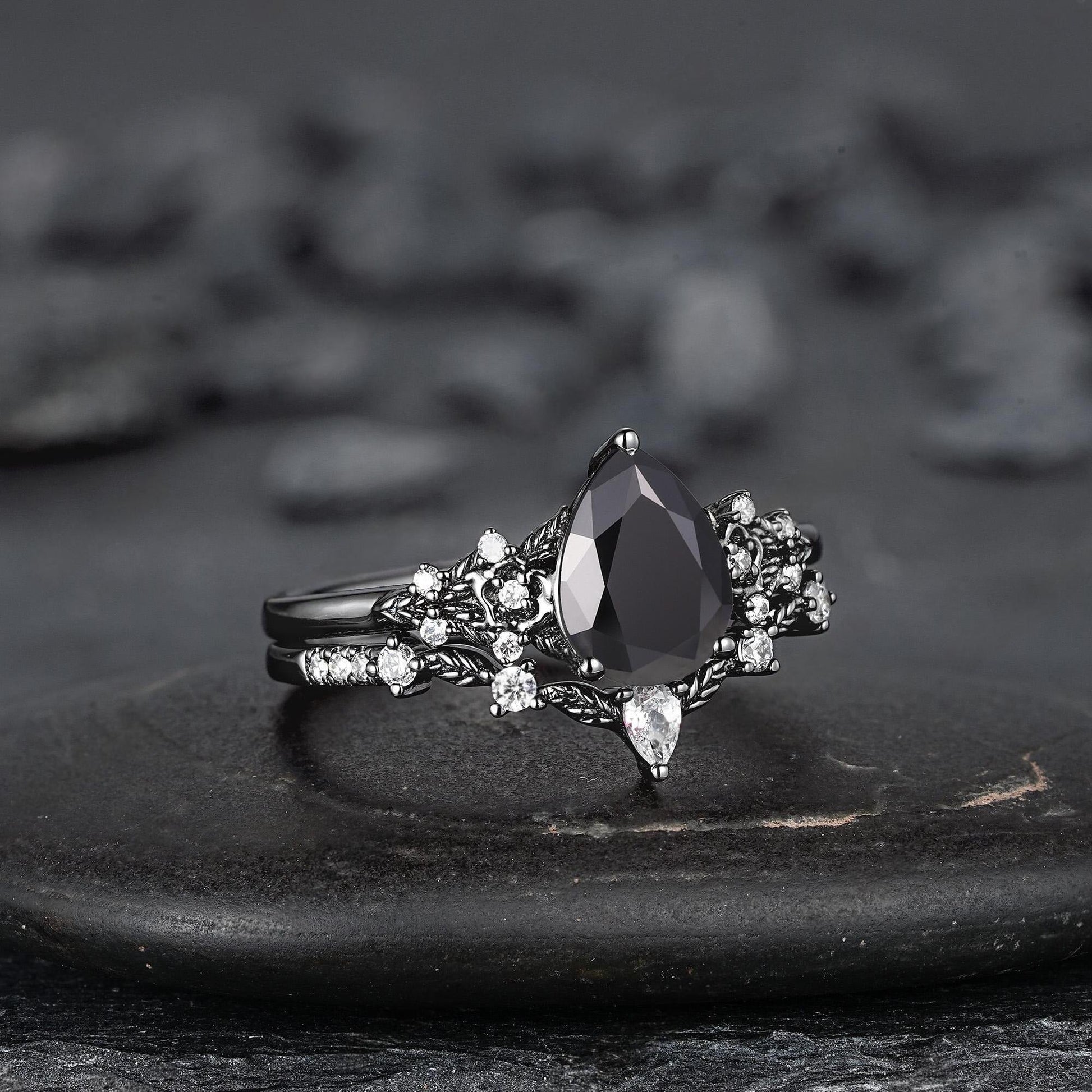 Unique Black Gold Pear Shape Black Onyx Floral Engagement Ring, Witchy Leaf Promise Ring, Gothic Black Wedding Ring Gift for Women - anerjuly