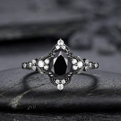 Unique Black Gold Pear Shape Black Onyx Leaf Engagement Ring, Witchy Twig Branch Promise Ring Gothic Black Wedding Ring Gift for Women - anerjuly