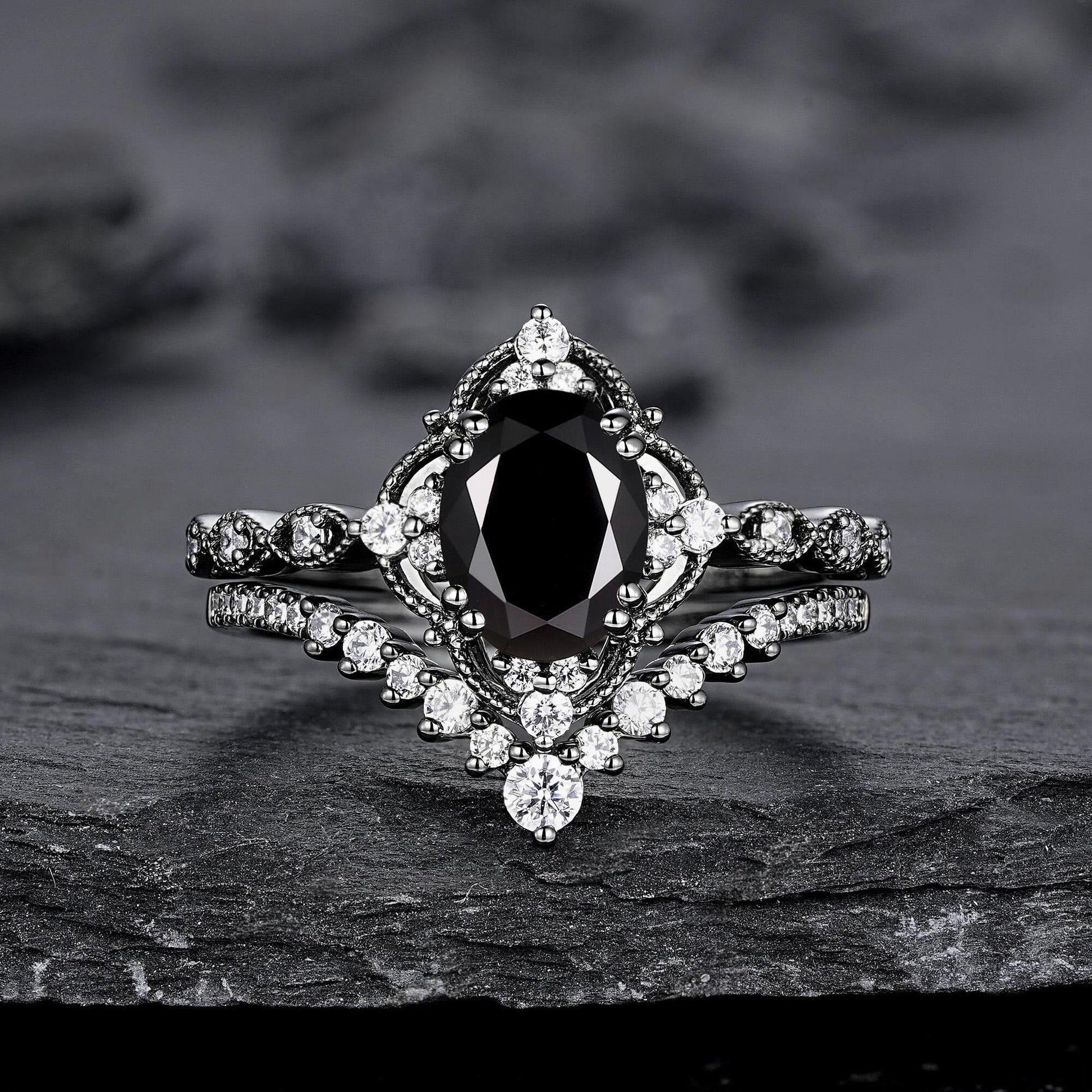 Unique Black Gold Pear Shape Black Onyx Leaf Engagement Ring, Witchy Twig Branch Promise Ring Gothic Black Wedding Ring Gift for Women - anerjuly