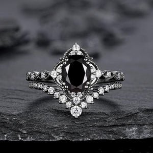 Unique Black Gold Pear Shape Black Onyx Leaf Engagement Ring, Witchy Twig Branch Promise Ring Gothic Black Wedding Ring Gift for Women - anerjuly