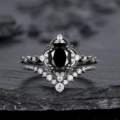 Unique Black Gold Pear Shape Black Onyx Leaf Engagement Ring, Witchy Twig Branch Promise Ring Gothic Black Wedding Ring Gift for Women - anerjuly