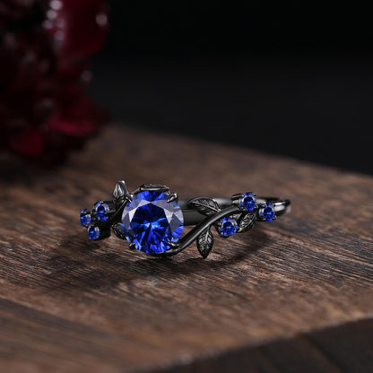 Unique Blue Sapphire Engagement Ring Gothic Black Gold His&Her Sapphire Matching Wedding Band Men's Tungsten Ring Leaf Design Stacking Rings - anerjuly